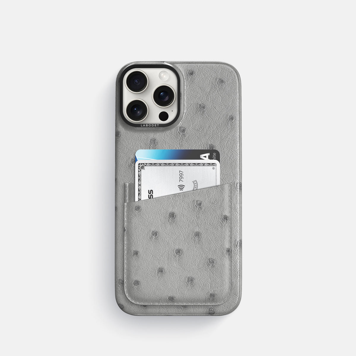 Silver iPhone 16 Pro Card Case Ostrich with Black Metal -1 | Silver-Black