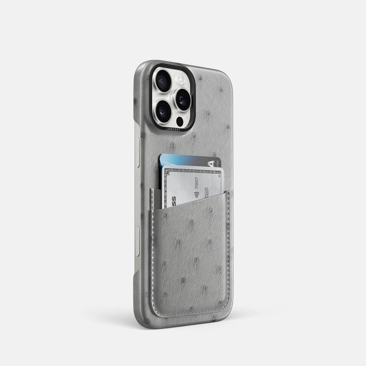 Silver iPhone 16 Pro Card Case Ostrich with Black Metal -2 | Silver-Black