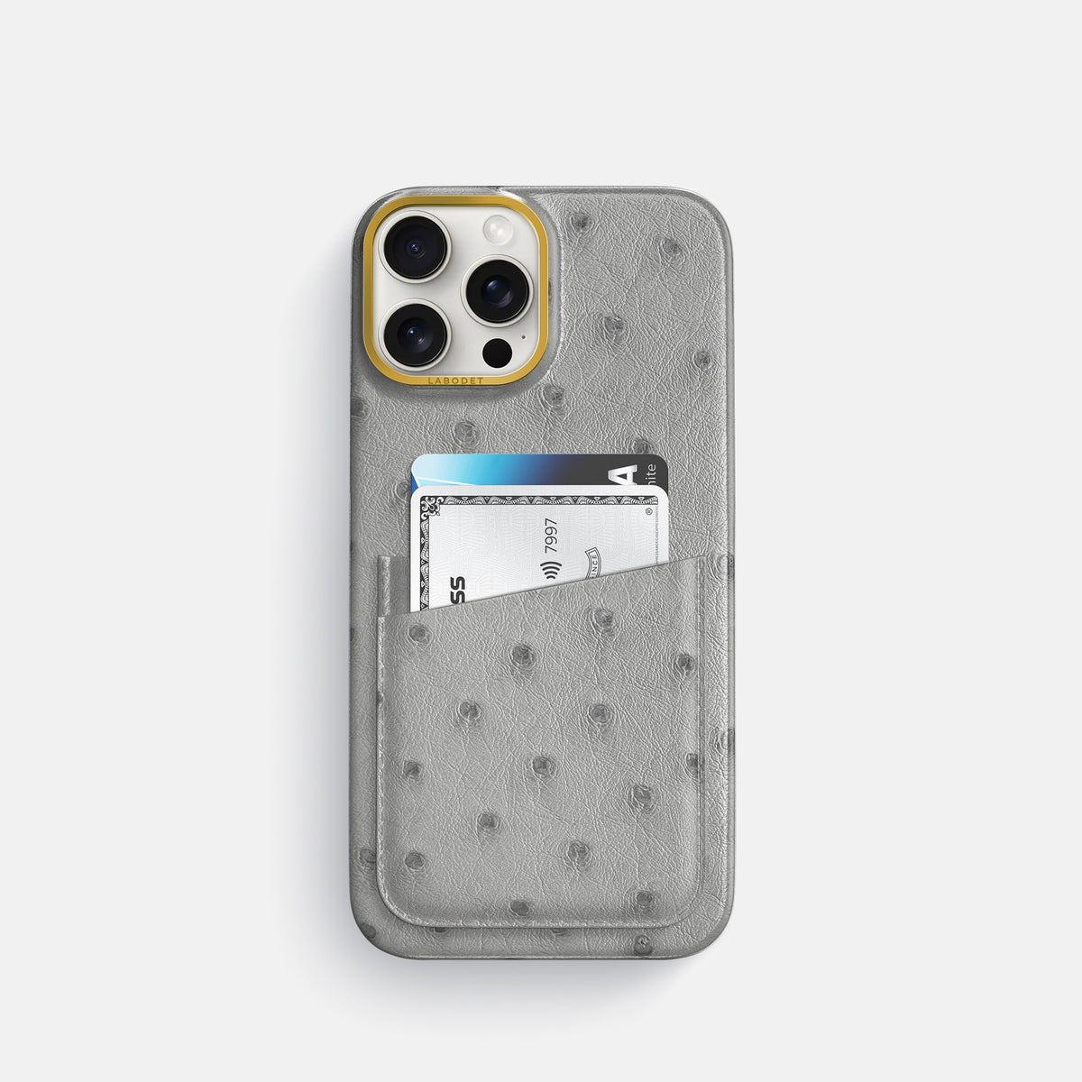 Silver iPhone 16 Pro Card Case Ostrich with Gold Metal -1 | Silver-Gold
