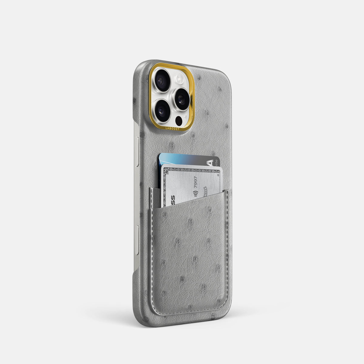 Silver iPhone 16 Pro Card Case Ostrich with Gold Metal -2 | Silver-Gold