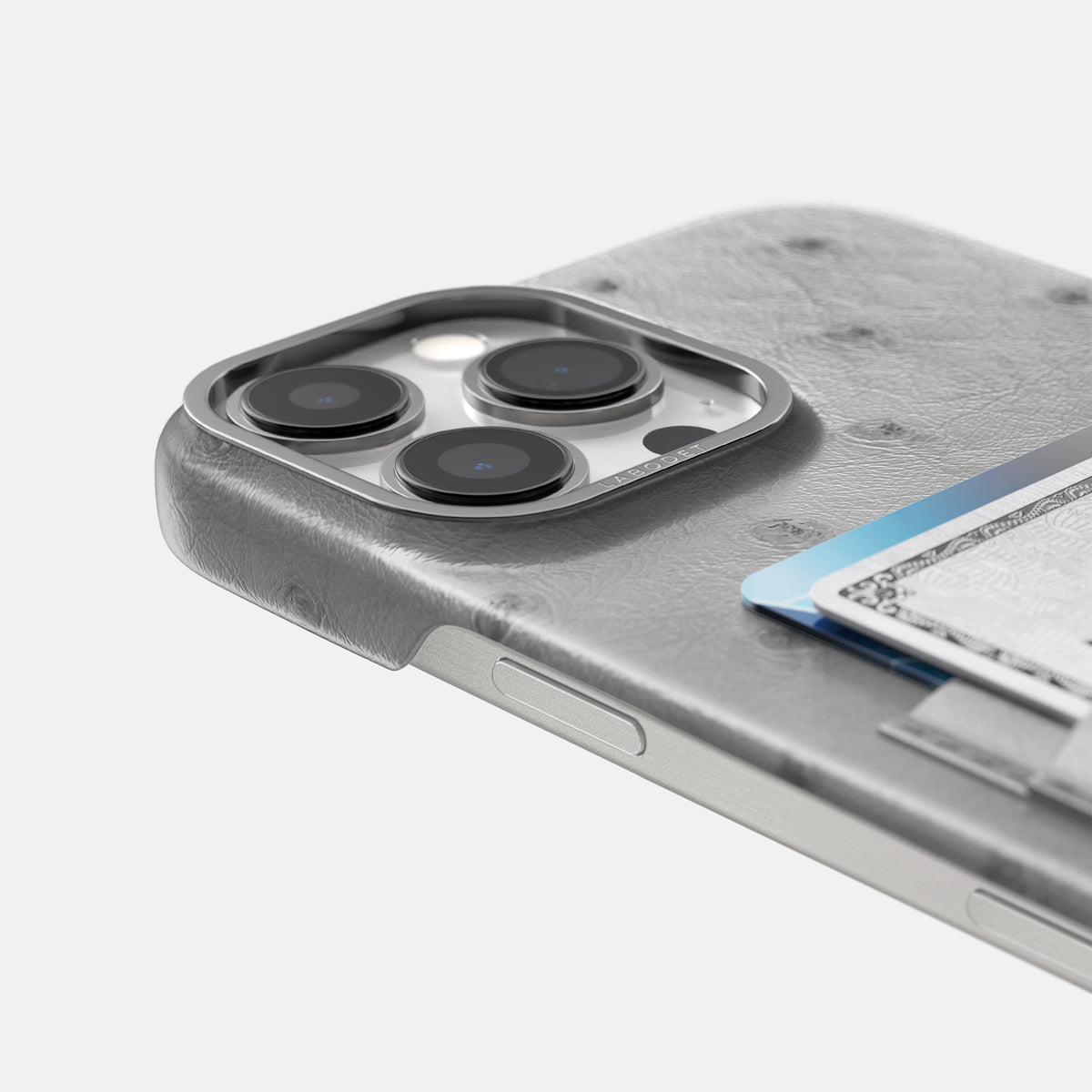 Silver iPhone 16 Pro Card Case Ostrich with Steel Metal -5 | Silver-Steel