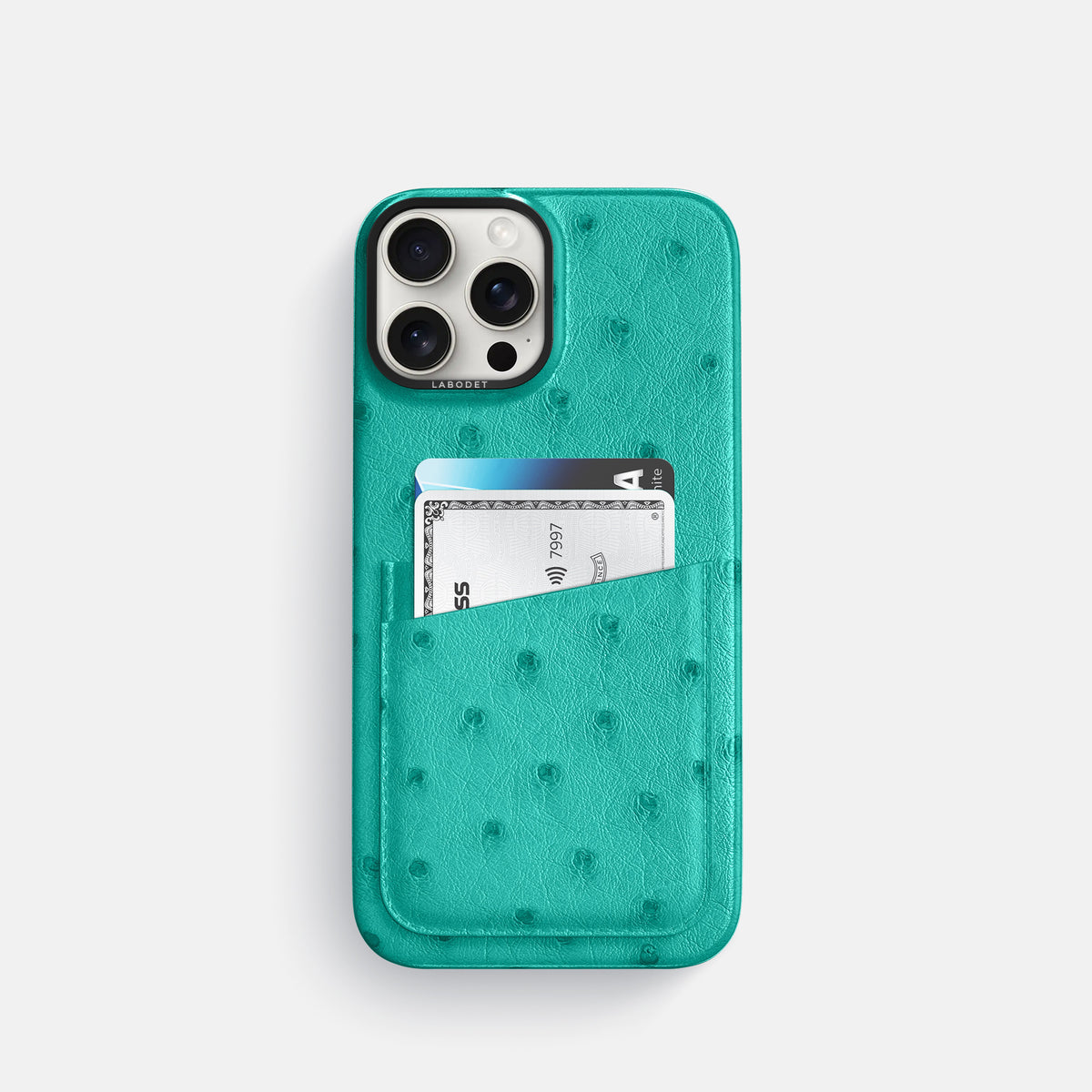 Turquoise iPhone 16 Pro Card Case Ostrich with Black Metal -1 | Turquoise-Black
