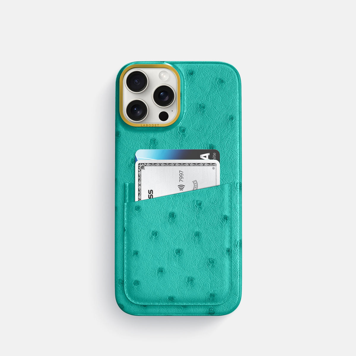 Turquoise iPhone 16 Pro Card Case Ostrich with Gold Metal -1 | Turquoise-Gold