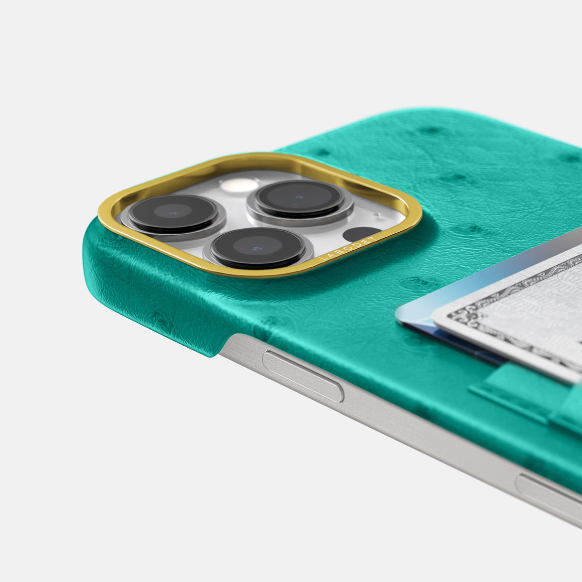 Turquoise iPhone 16 Pro Card Case Ostrich with Gold Metal -5 | Turquoise-Gold