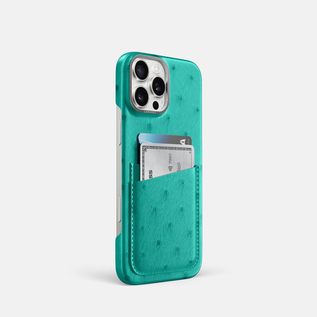 Turquoise iPhone 16 Pro Card Case Ostrich with Steel Metal -2 | Turquoise-Steel