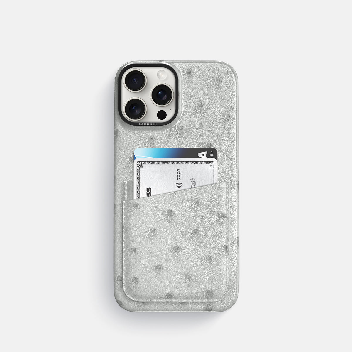 White iPhone 16 Pro Card Case Ostrich with Black Metal -1 | White-Black