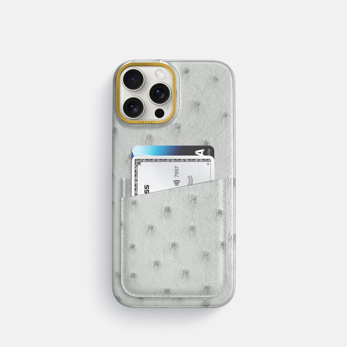 White iPhone 16 Pro Card Case Ostrich with Gold Metal -1 | White-Gold