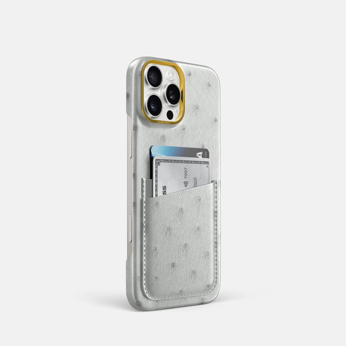 White iPhone 16 Pro Card Case Ostrich with Gold Metal -2 | White-Gold