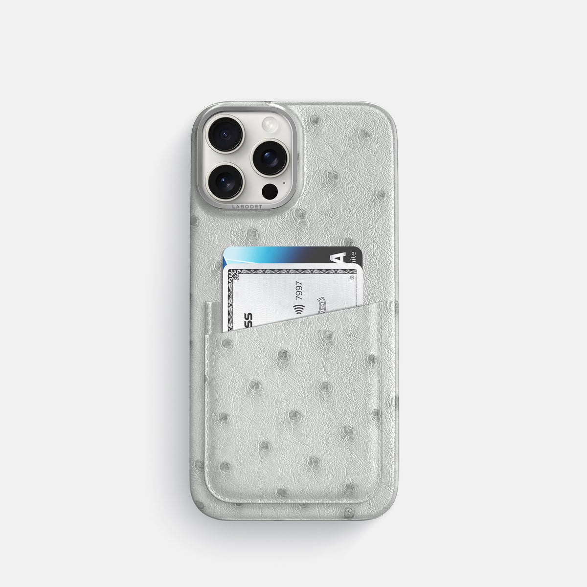 White iPhone 16 Pro Card Case Ostrich with Steel Metal -1 | White-Steel