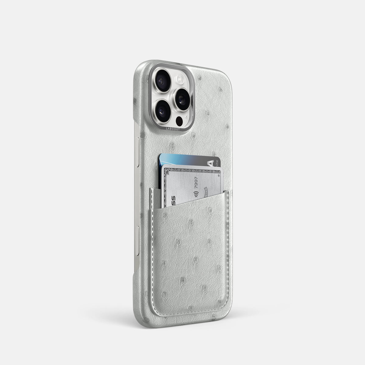 White iPhone 16 Pro Card Case Ostrich with Steel Metal -2 | White-Steel