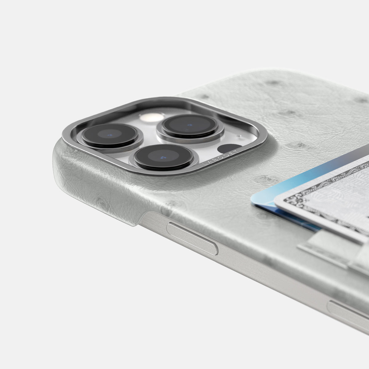White iPhone 16 Pro Card Case Ostrich with Steel Metal -5 | White-Steel