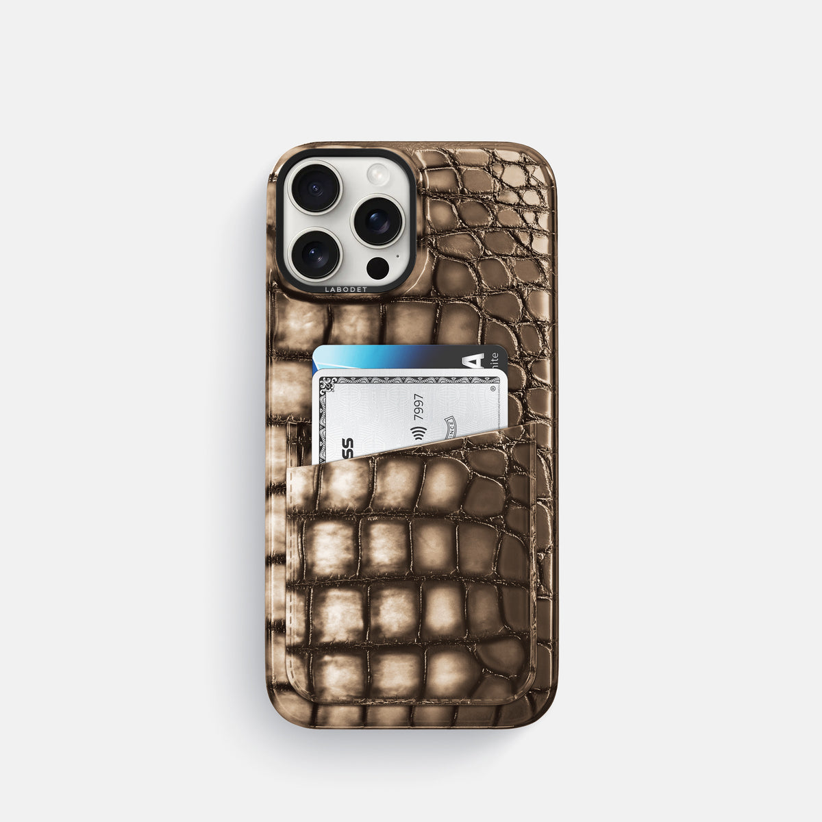 Etoupe iPhone 16 Pro Double Card Case Patina Alligator with Black Metal -1 | Etoupe-Black