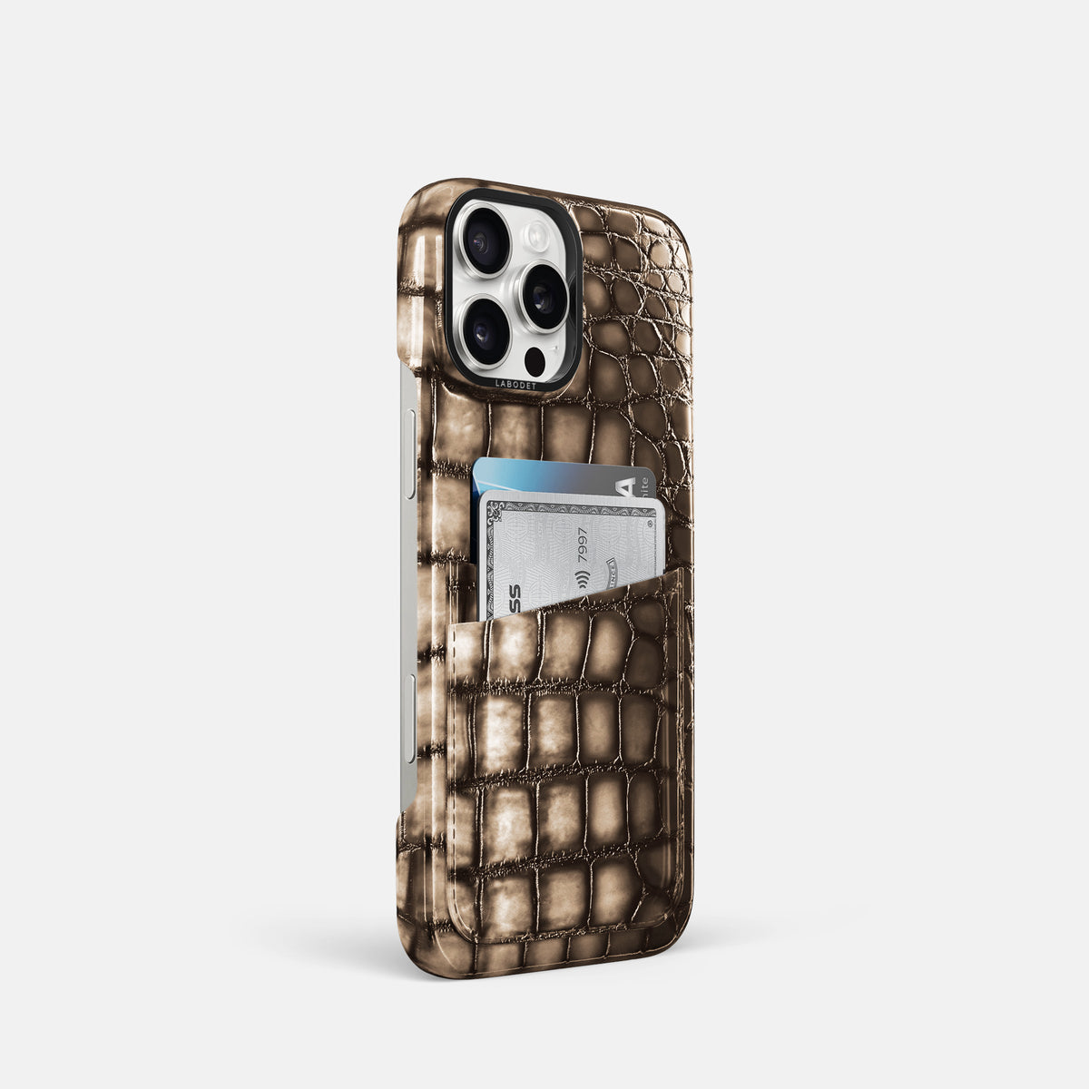 Etoupe iPhone 16 Pro Double Card Case Patina Alligator with Black Metal -2 | Etoupe-Black