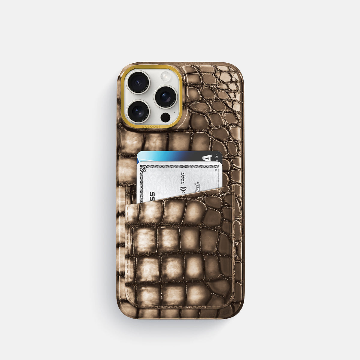 Etoupe iPhone 16 Pro Card Case Patina Alligator with Gold Metal -1 | Etoupe-Gold