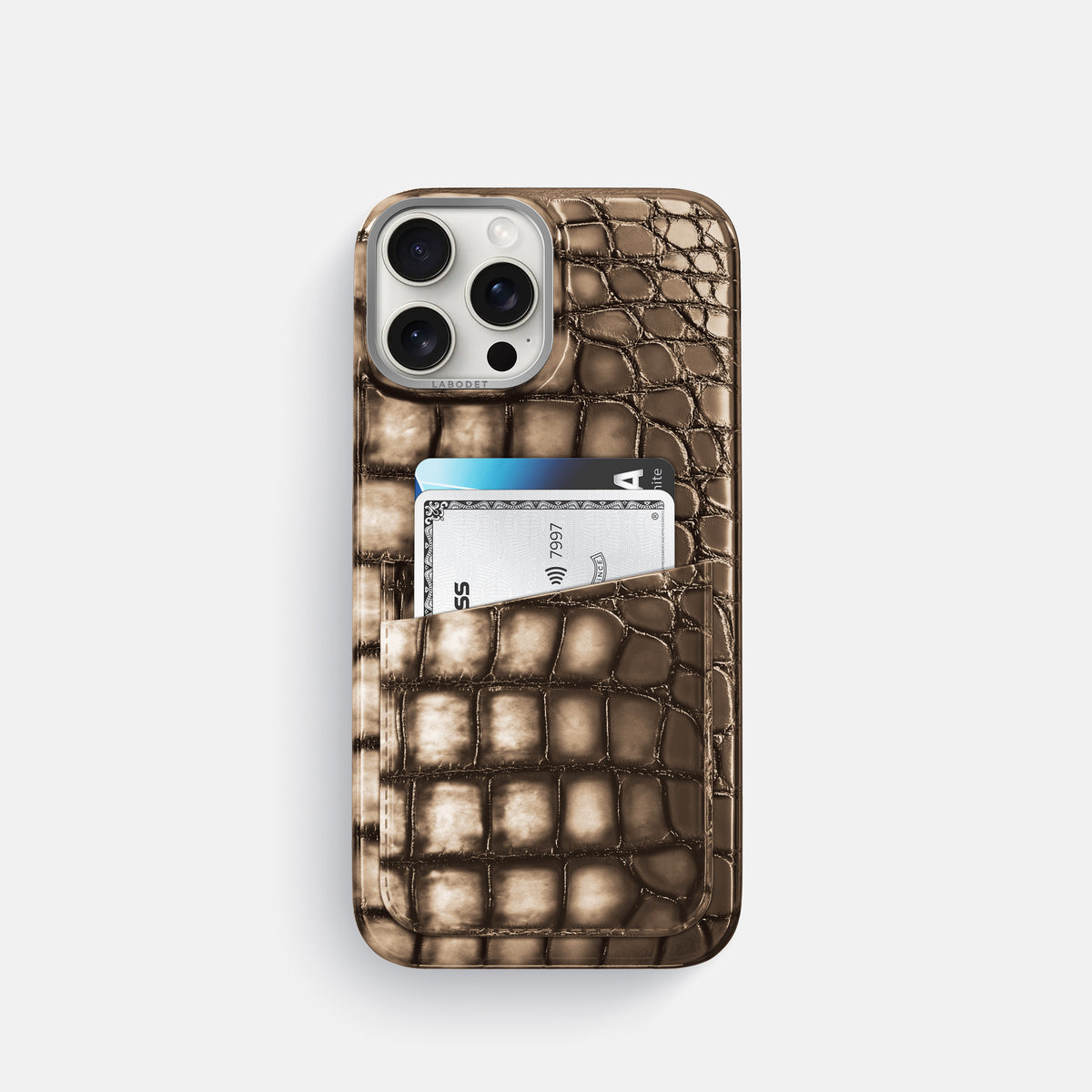 Etoupe iPhone 16 Pro Double Card Case Patina Alligator with Steel Metal -1 | Etoupe-Steel