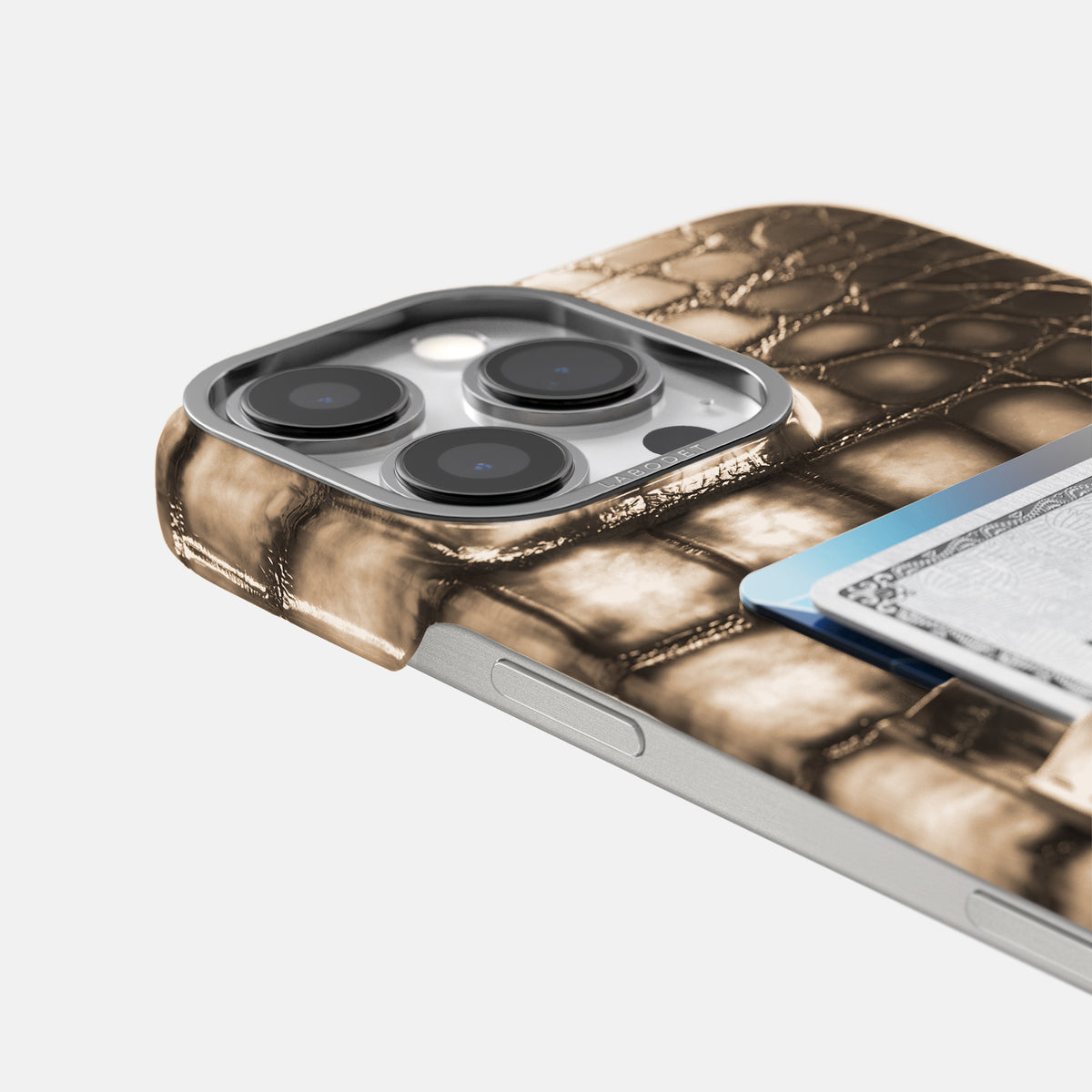Etoupe iPhone 16 Pro Double Card Case Patina Alligator with Steel Metal -5 | Etoupe-Steel