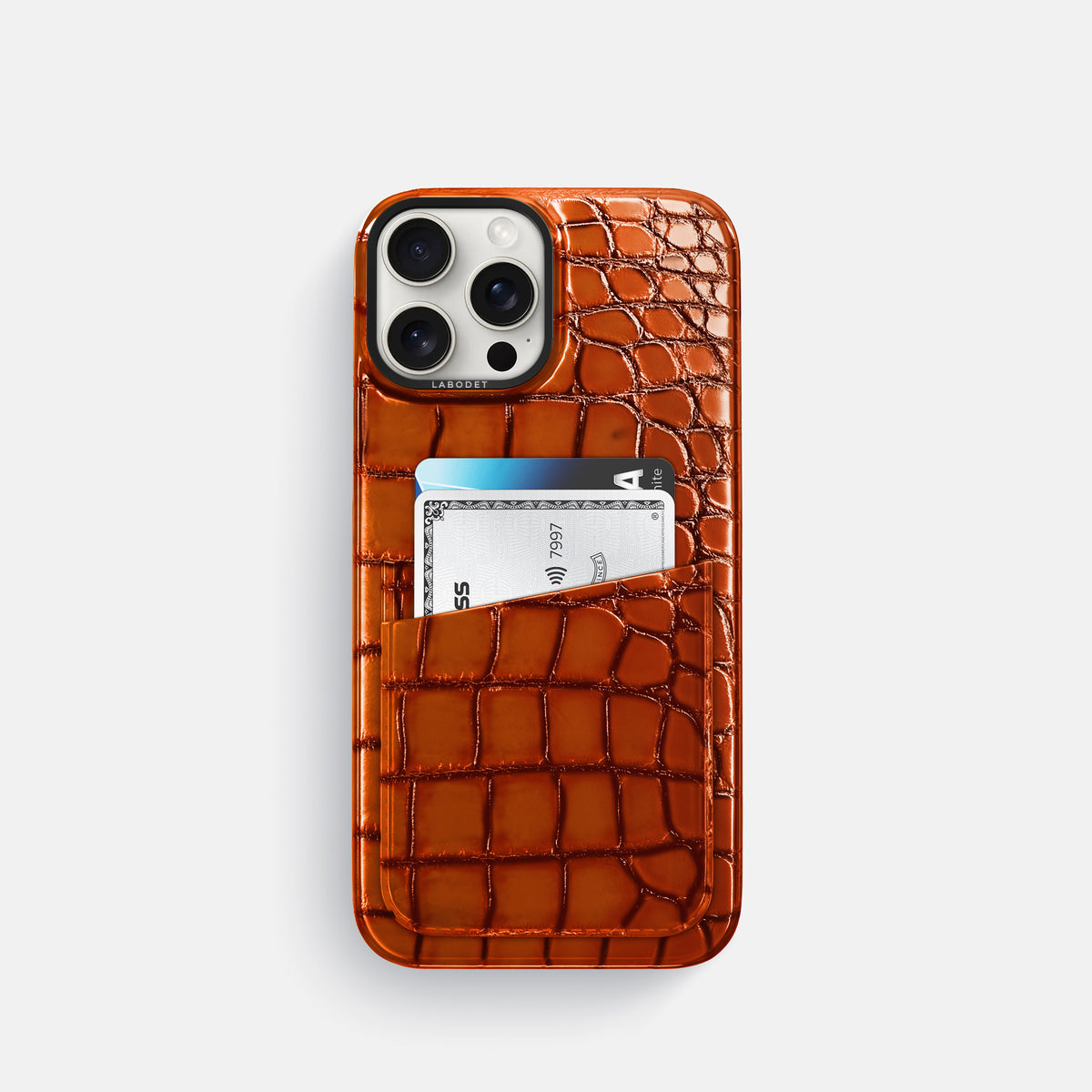 Clay-Court iPhone 16 Pro Double Card Case Patina Alligator with Black Metal -1 | Clay-Court-Black