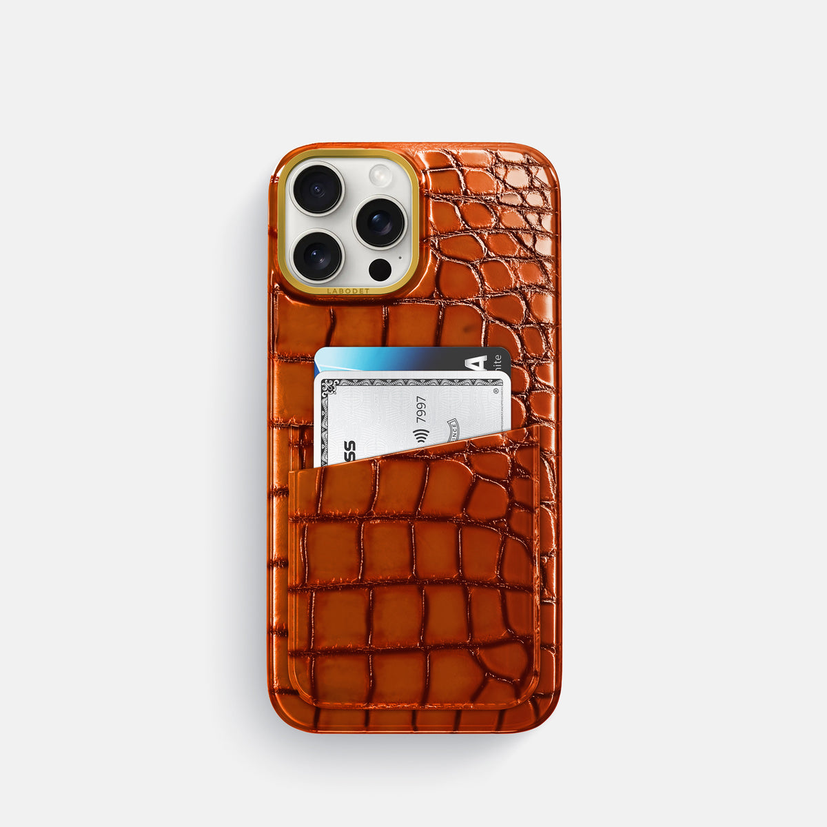 Clay-Court iPhone 16 Pro Card Case Patina Alligator with Gold Metal -1 | Clay-Court-Gold