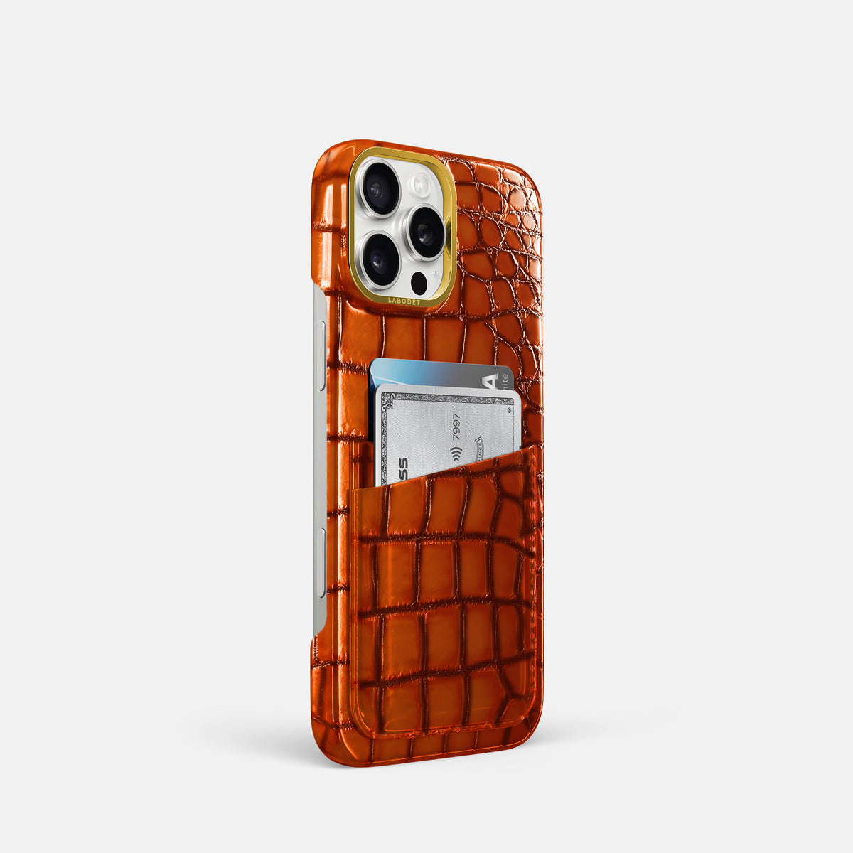 Clay-Court iPhone 16 Pro Card Case Patina Alligator with Gold Metal -2 | Clay-Court-Gold