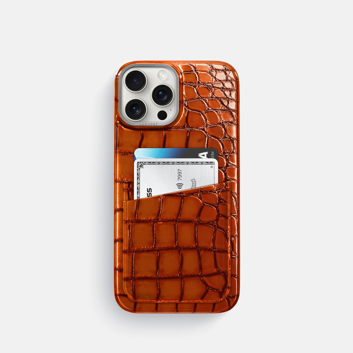 Clay-Court iPhone 16 Pro Double Card Case Patina Alligator with Steel Metal -1 | Clay-Court-Steel