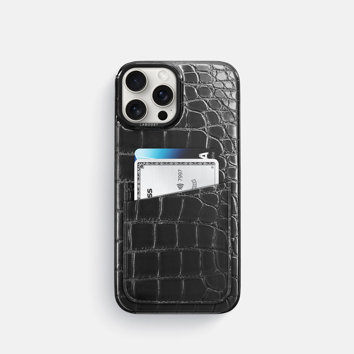 Havana-Black iPhone 16 Pro Double Card Case Patina Alligator with Black Metal -1 | Havana-Black-Black