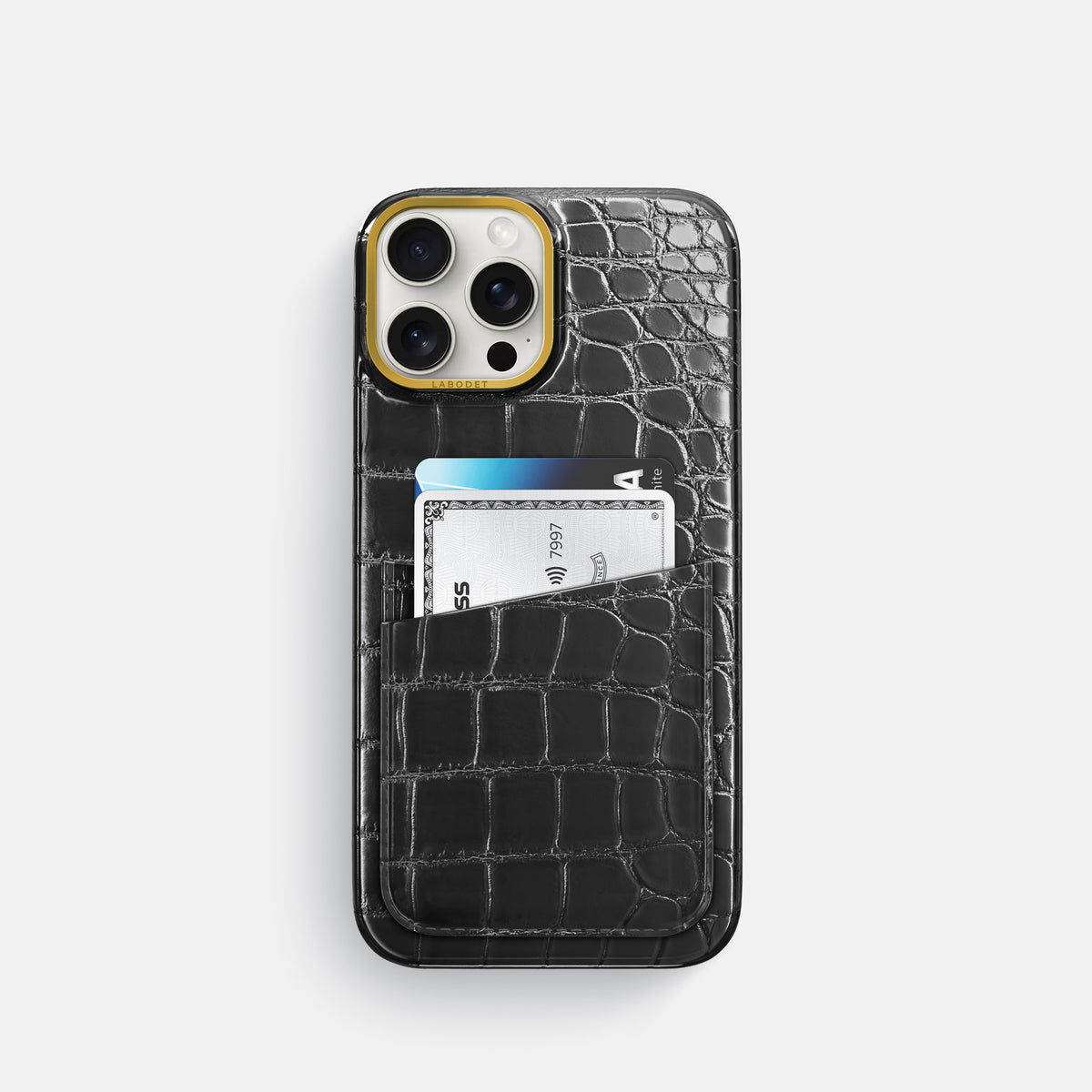 Havana-Black iPhone 16 Pro Card Case Patina Alligator with Gold Metal -1 | Havana-Black-Gold