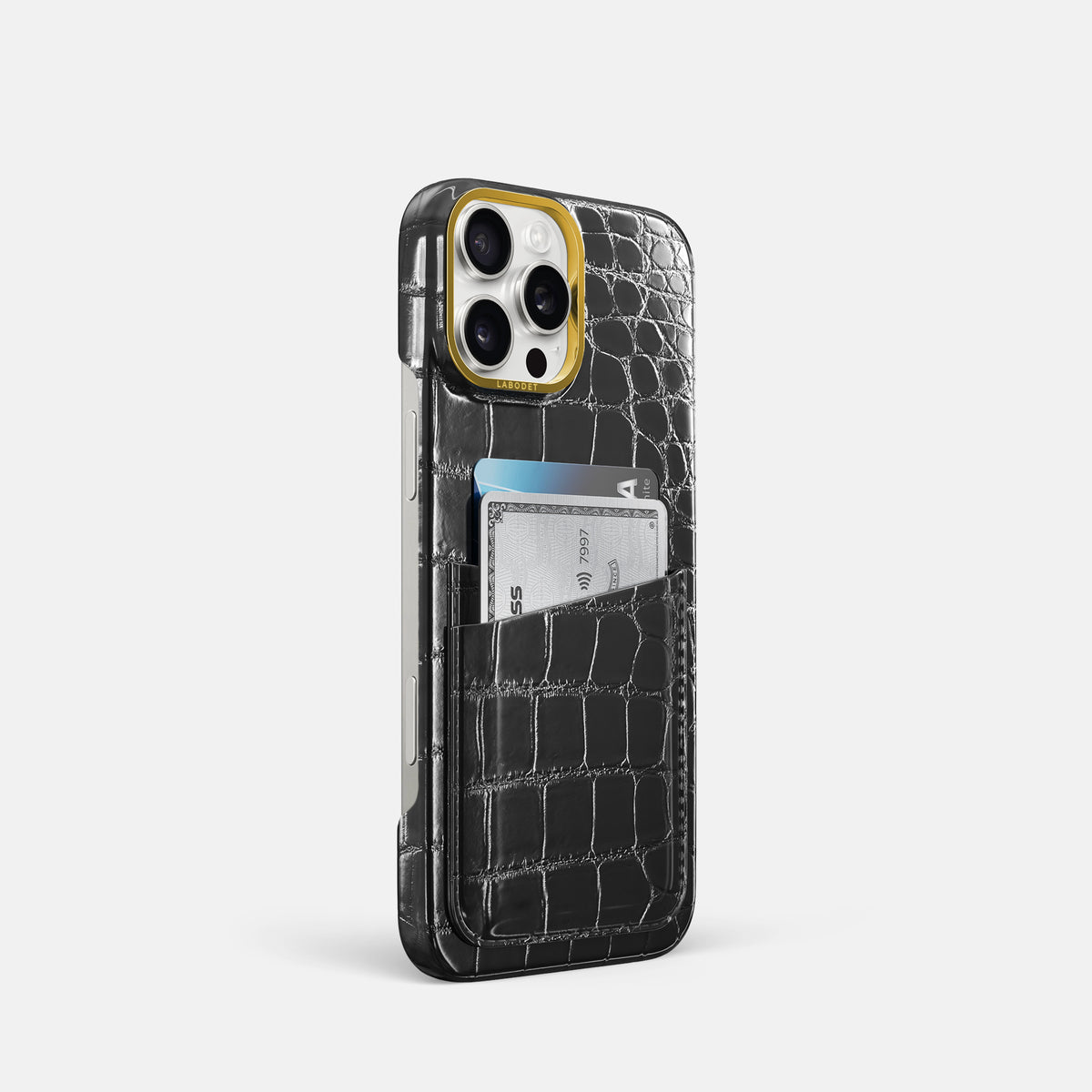 Havana-Black iPhone 16 Pro Card Case Patina Alligator with Gold Metal -2 | Havana-Black-Gold