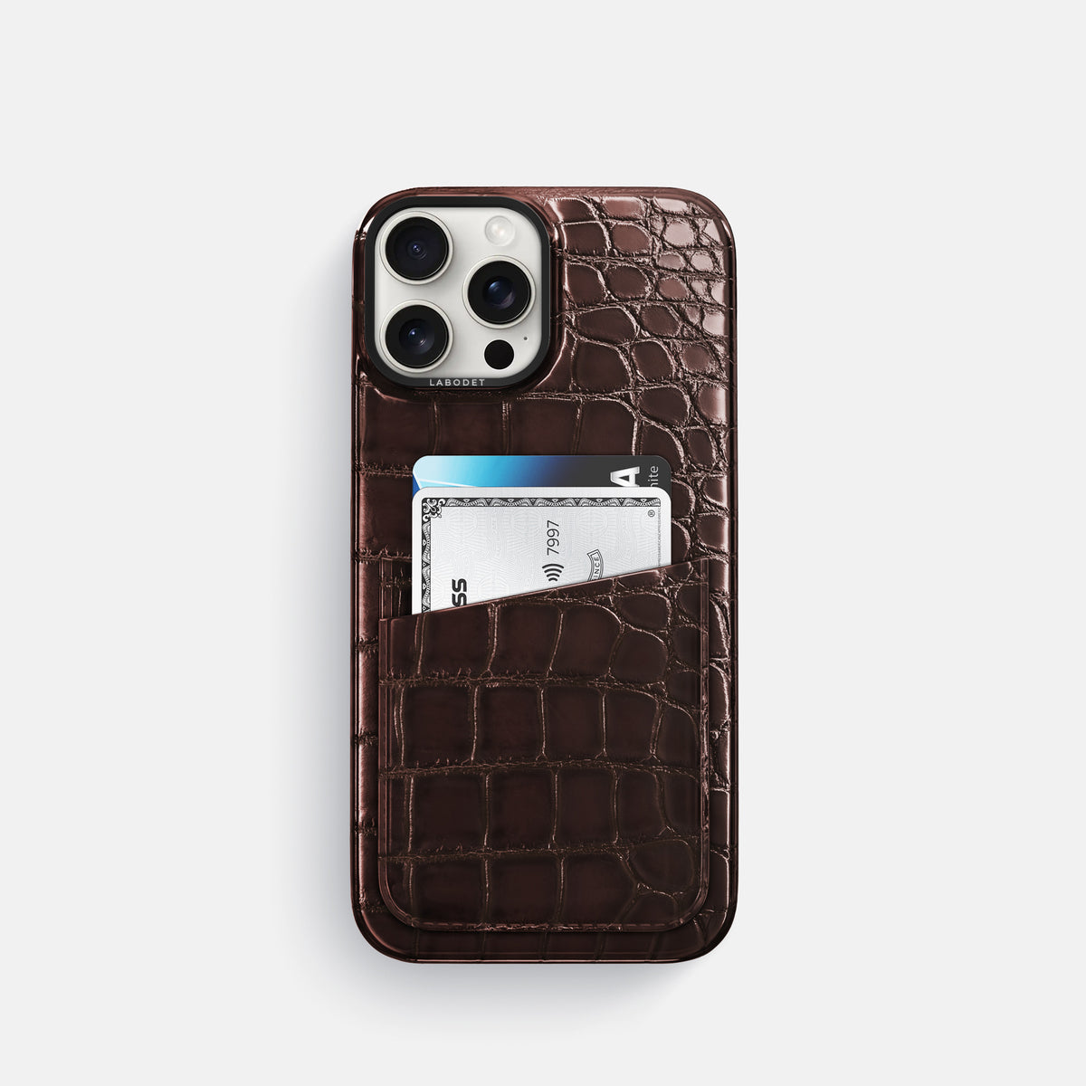 Grape-Wine iPhone 16 Pro Double Card Case Patina Alligator with Black Metal -1 | Grape-Wine-Black