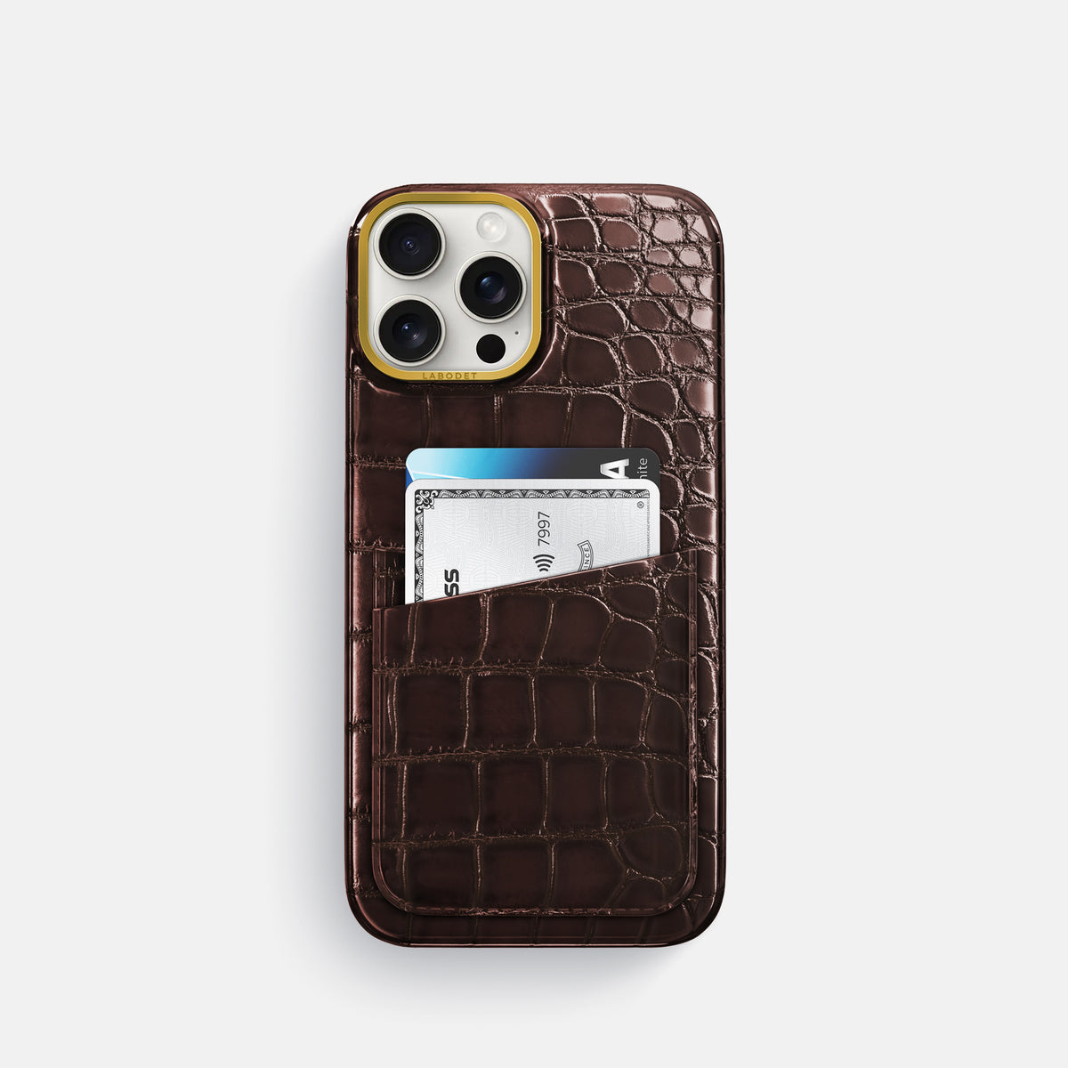 Grape-Wine iPhone 16 Pro Card Case Patina Alligator with Gold Metal -1 | Grape-Wine-Gold
