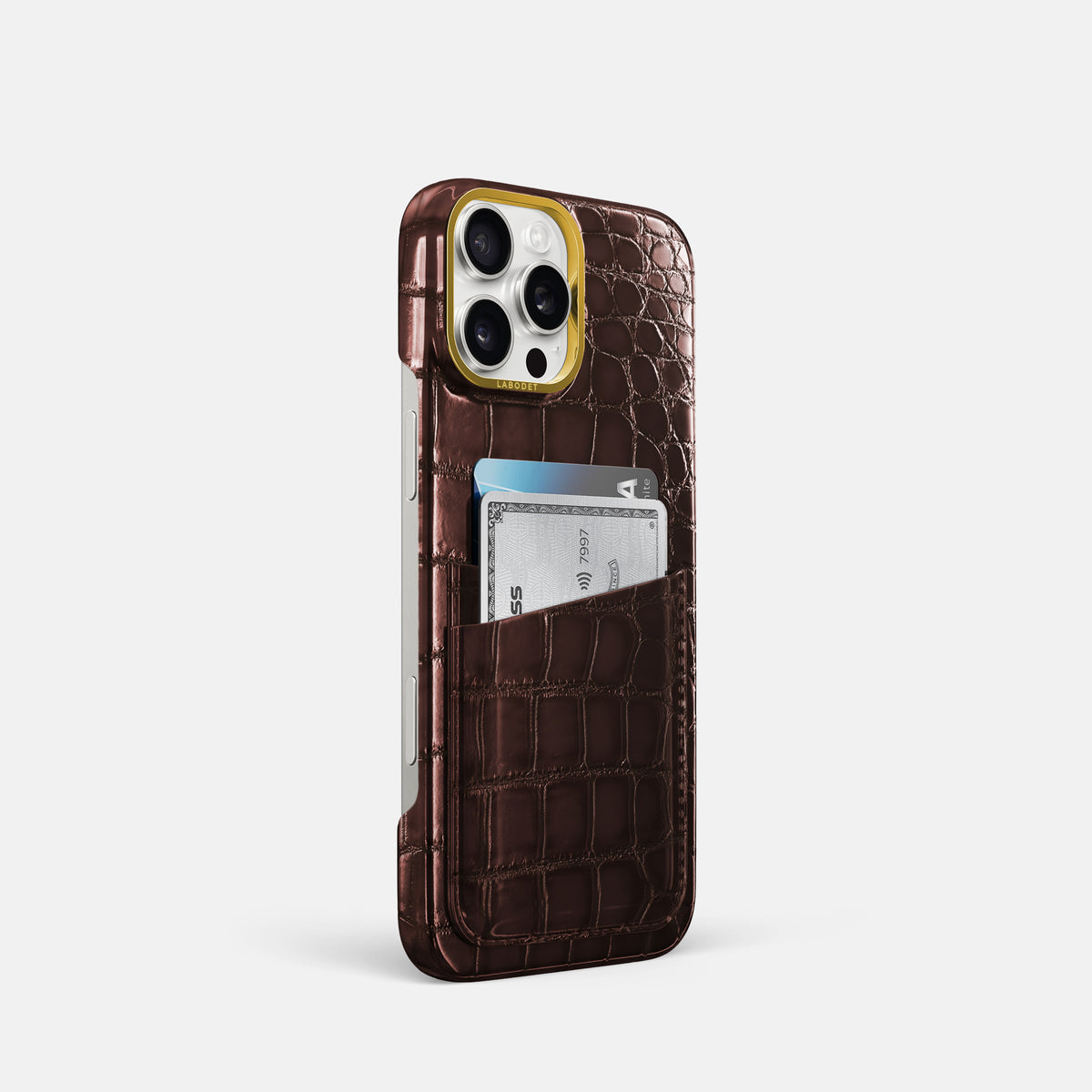 Grape-Wine iPhone 16 Pro Card Case Patina Alligator with Gold Metal -2 | Grape-Wine-Gold