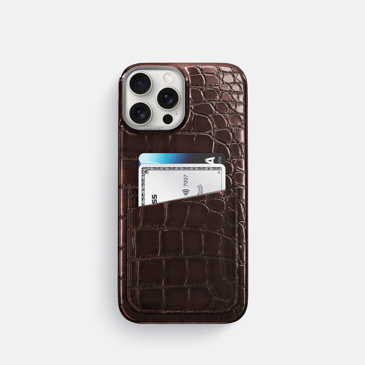 Grape-Wine iPhone 16 Pro Double Card Case Patina Alligator with Steel Metal -1 | Grape-Wine-Steel