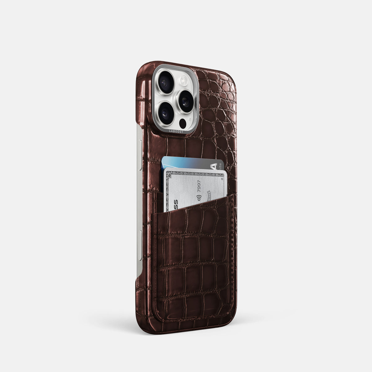 Grape-Wine iPhone 16 Pro Double Card Case Patina Alligator with Steel Metal -2 | Grape-Wine-Steel