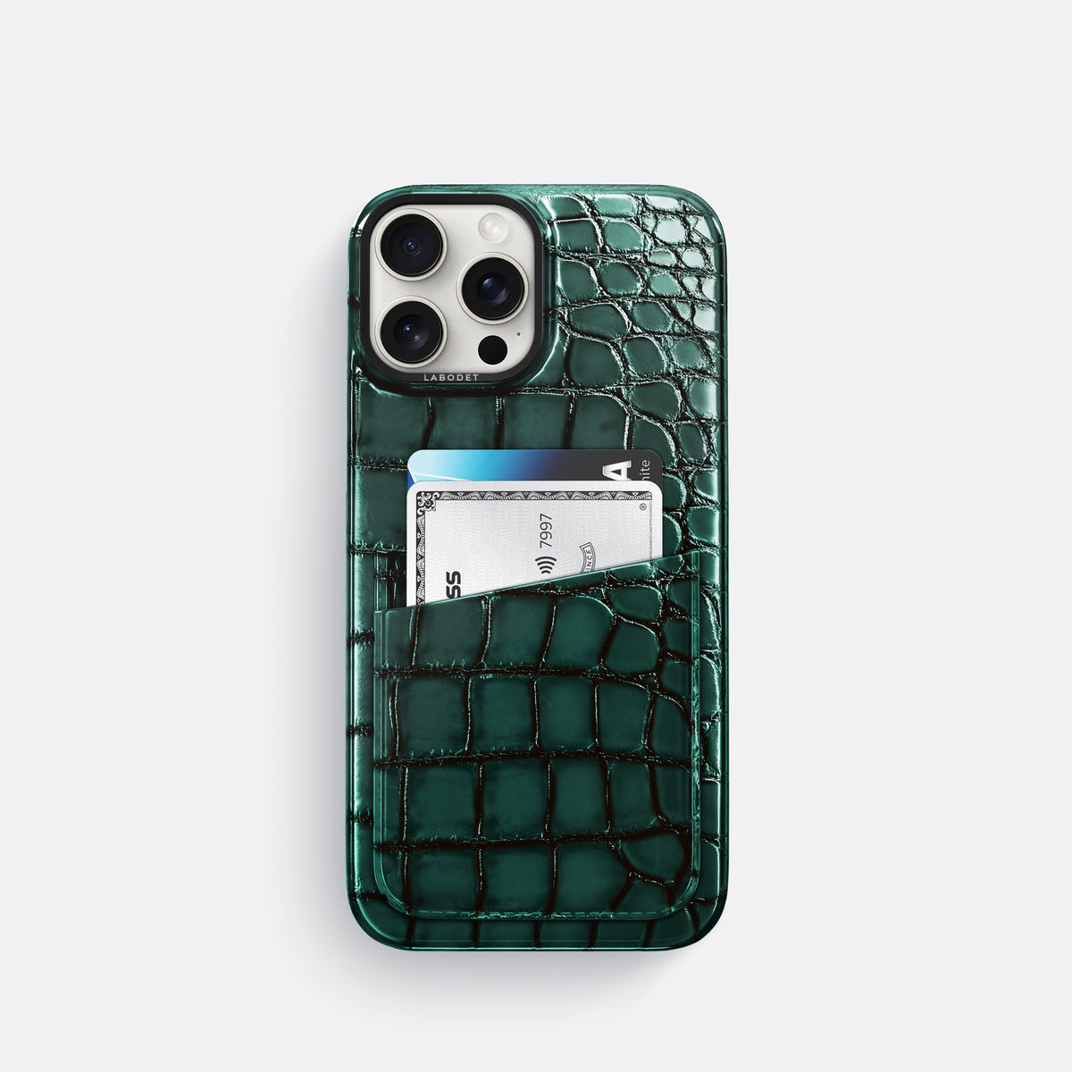 Green iPhone 16 Pro Double Card Case Patina Alligator with Black Metal -1 | Green-Black