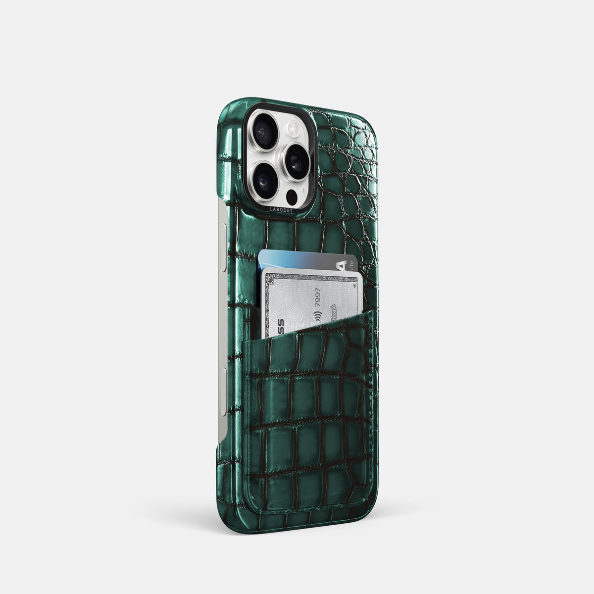 Green iPhone 16 Pro Double Card Case Patina Alligator with Black Metal -2 | Green-Black