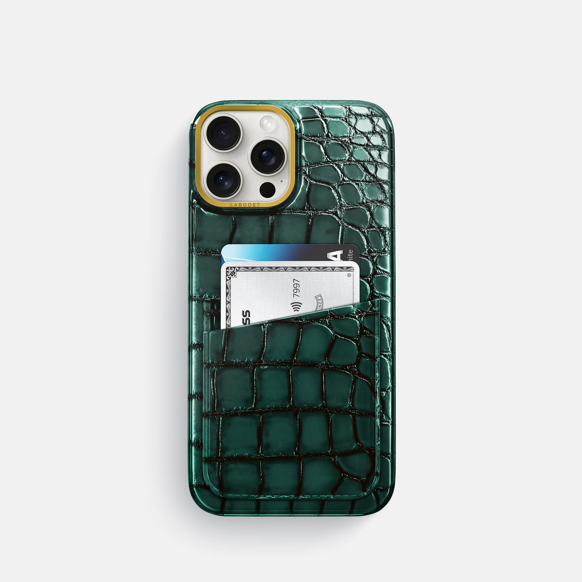 Green iPhone 16 Pro Card Case Patina Alligator with Gold Metal -1 | Green-Gold