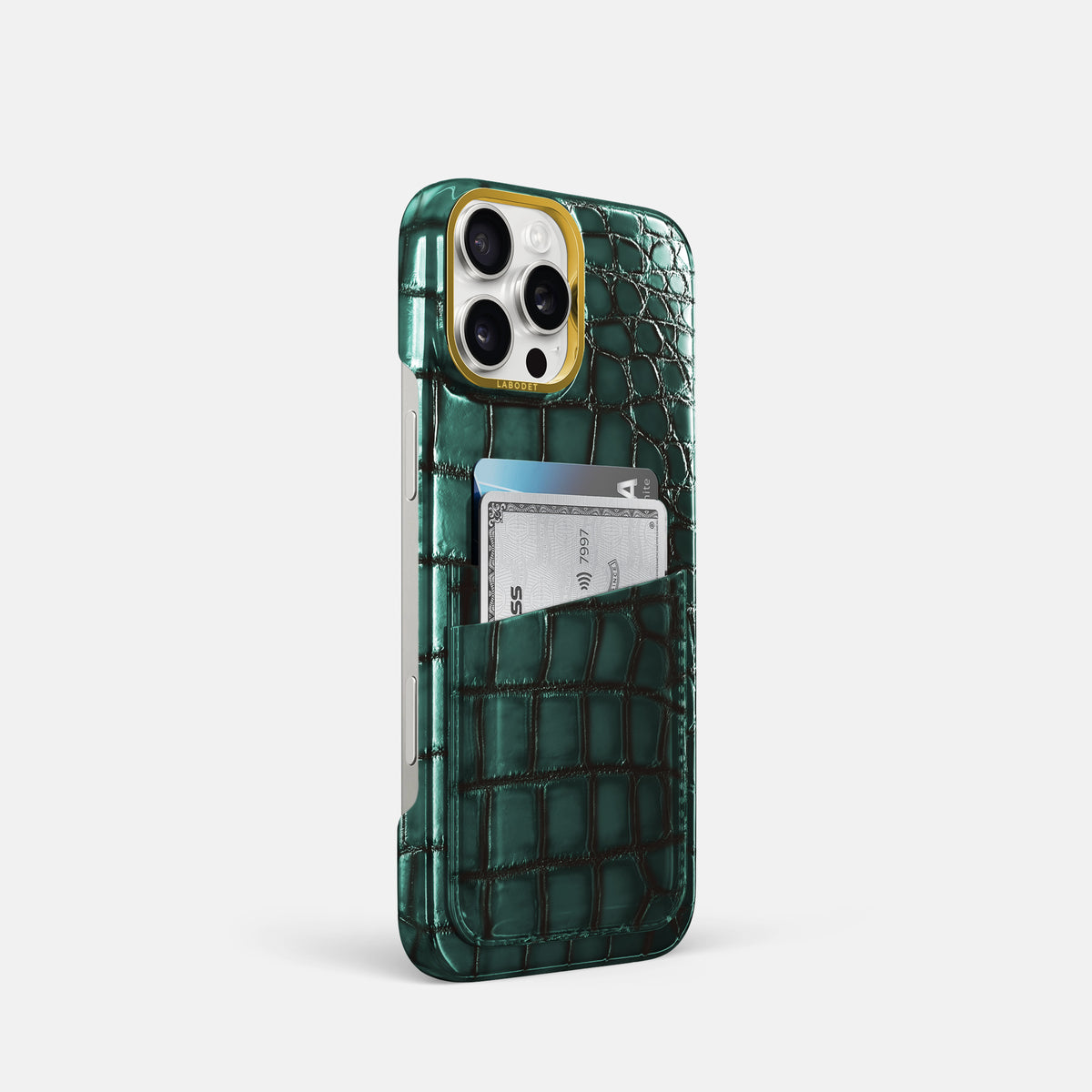 Green iPhone 16 Pro Card Case Patina Alligator with Gold Metal -2 | Green-Gold