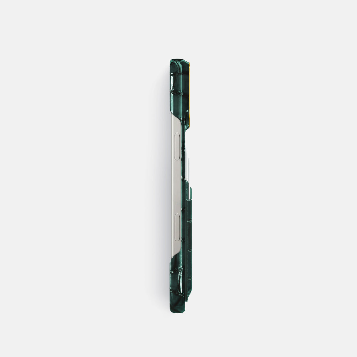 Green iPhone 16 Pro Card Case Patina Alligator with Gold Metal -3 | Green-Gold