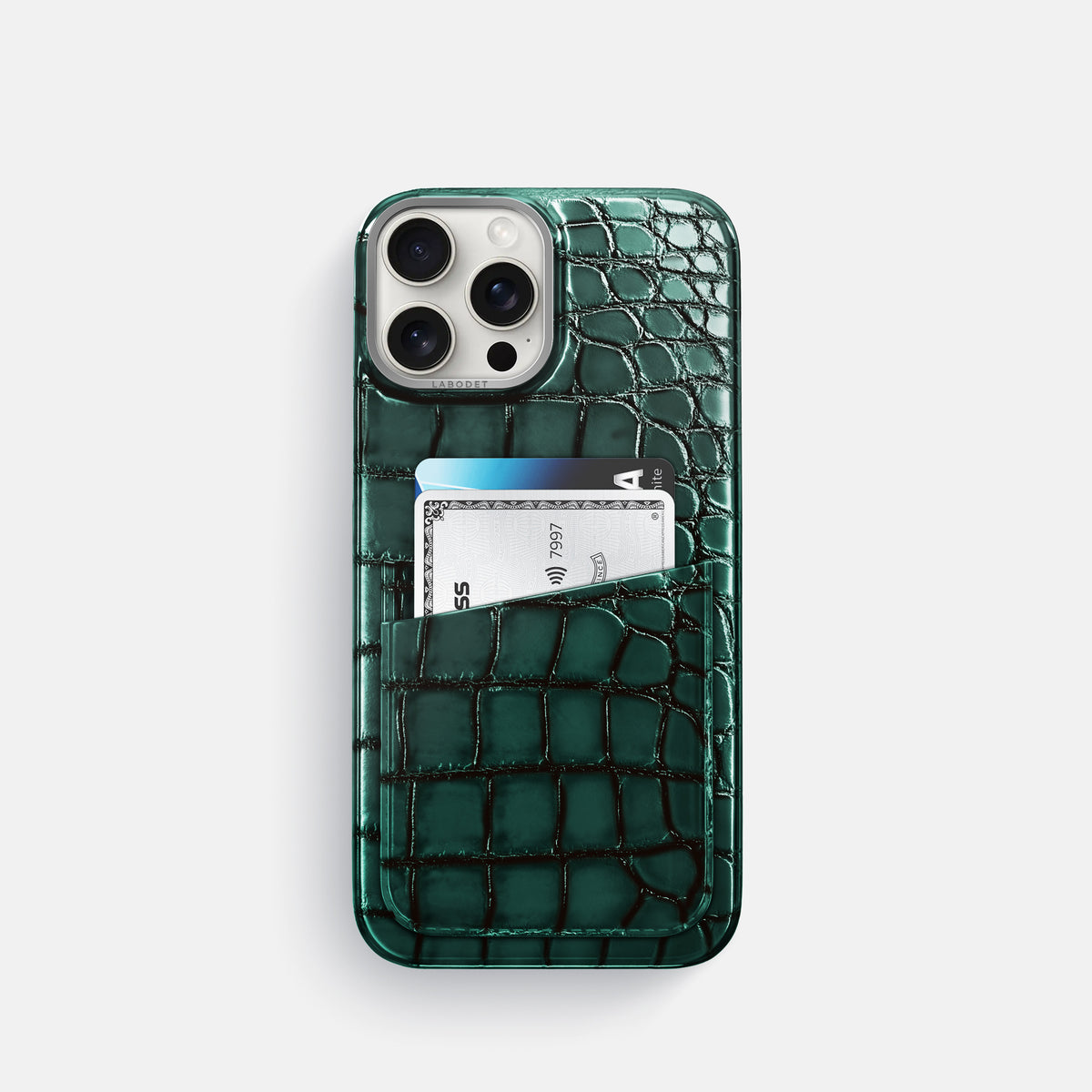 Green iPhone 16 Pro Double Card Case Patina Alligator with Steel Metal -1 | Green-Steel