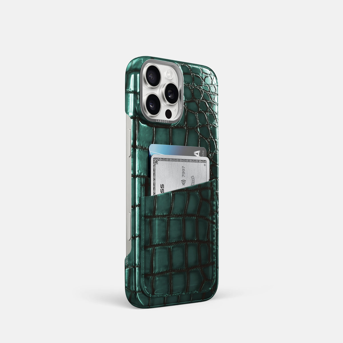 Green iPhone 16 Pro Double Card Case Patina Alligator with Steel Metal -2 | Green-Steel
