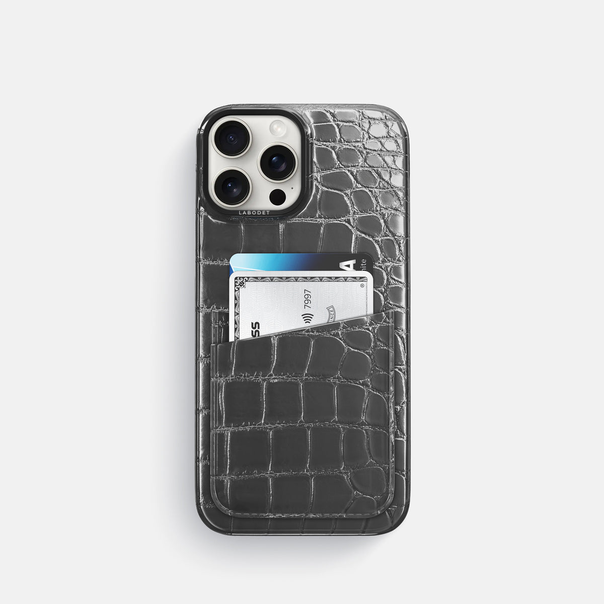 Grey iPhone 16 Pro Double Card Case Patina Alligator with Black Metal -1 | Grey-Black
