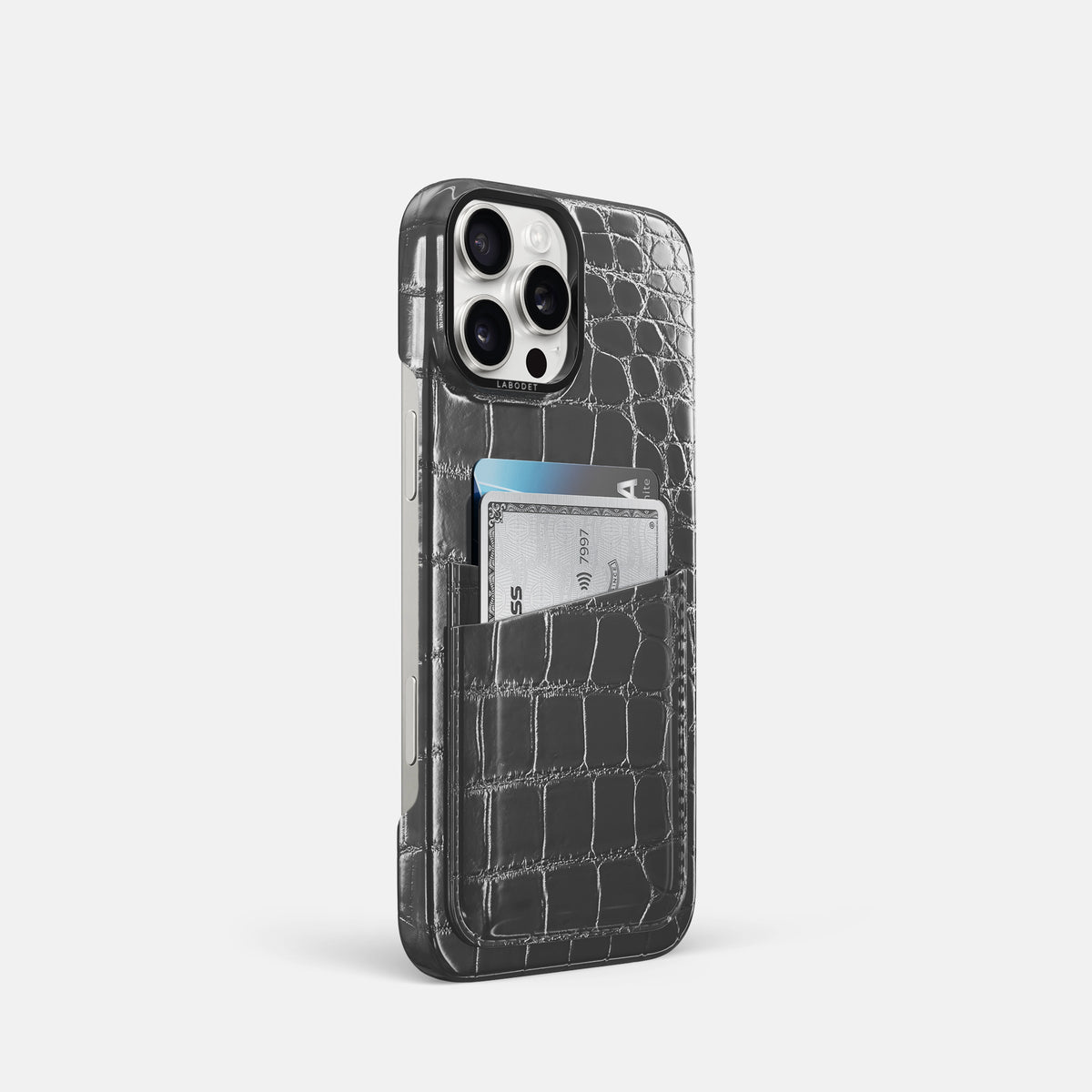 Grey iPhone 16 Pro Double Card Case Patina Alligator with Black Metal -2 | Grey-Black