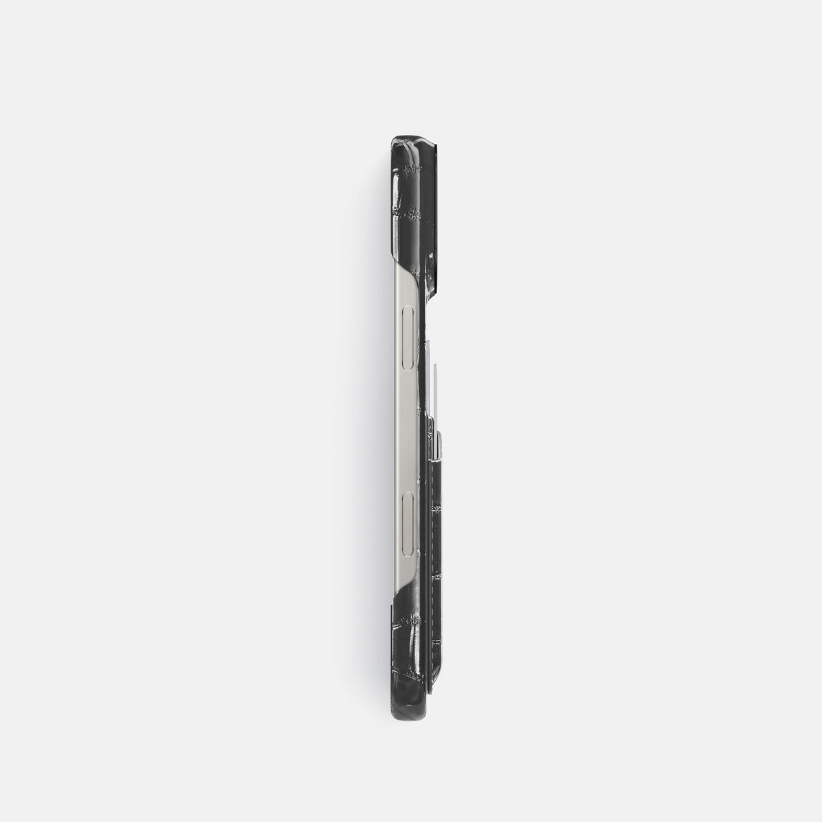 Grey iPhone 16 Pro Double Card Case Patina Alligator with Black Metal -3 | Grey-Black