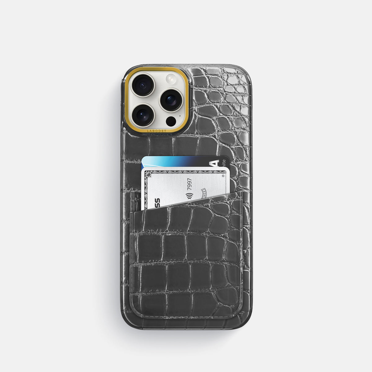 Grey iPhone 16 Pro Card Case Patina Alligator with Gold Metal -1 | Grey-Gold