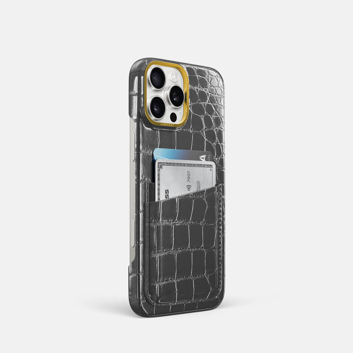 Grey iPhone 16 Pro Card Case Patina Alligator with Gold Metal -2 | Grey-Gold