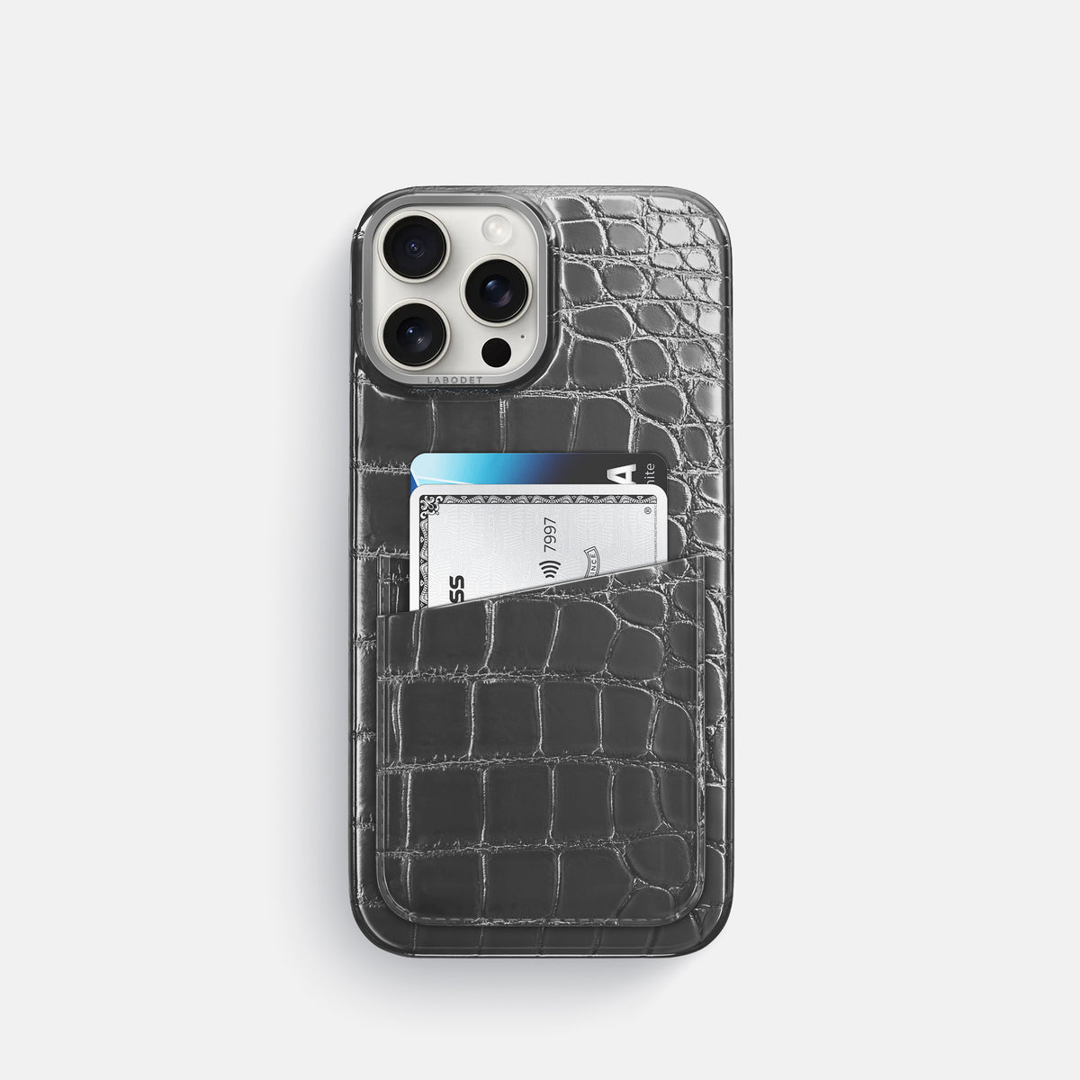 Grey iPhone 16 Pro Double Card Case Patina Alligator with Steel Metal -1 | Grey-Steel