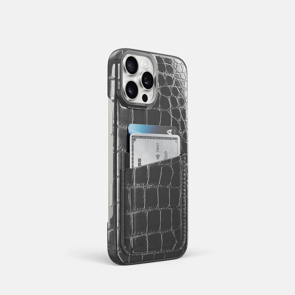 Grey iPhone 16 Pro Double Card Case Patina Alligator with Steel Metal -2 | Grey-Steel