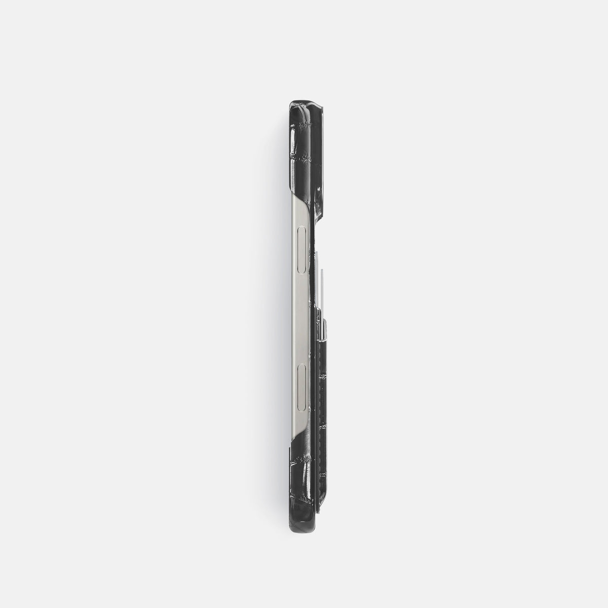Grey iPhone 16 Pro Double Card Case Patina Alligator with Steel Metal -3 | Grey-Steel