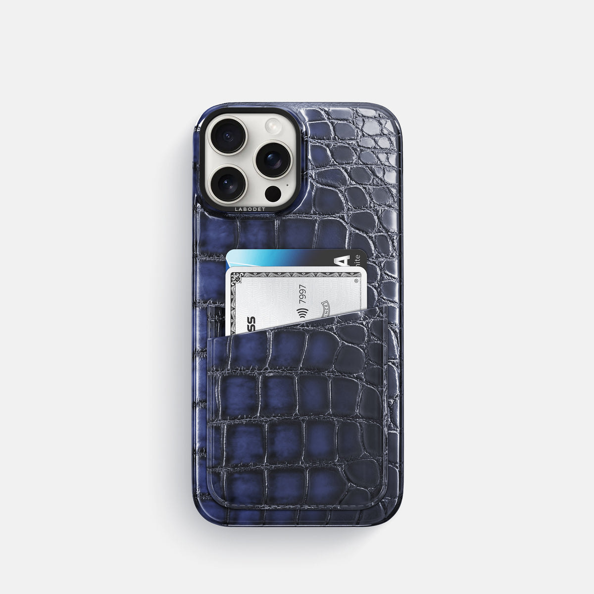 Havana-Blue iPhone 16 Pro Double Card Case Patina Alligator with Black Metal -1 | Havana-Blue-Black