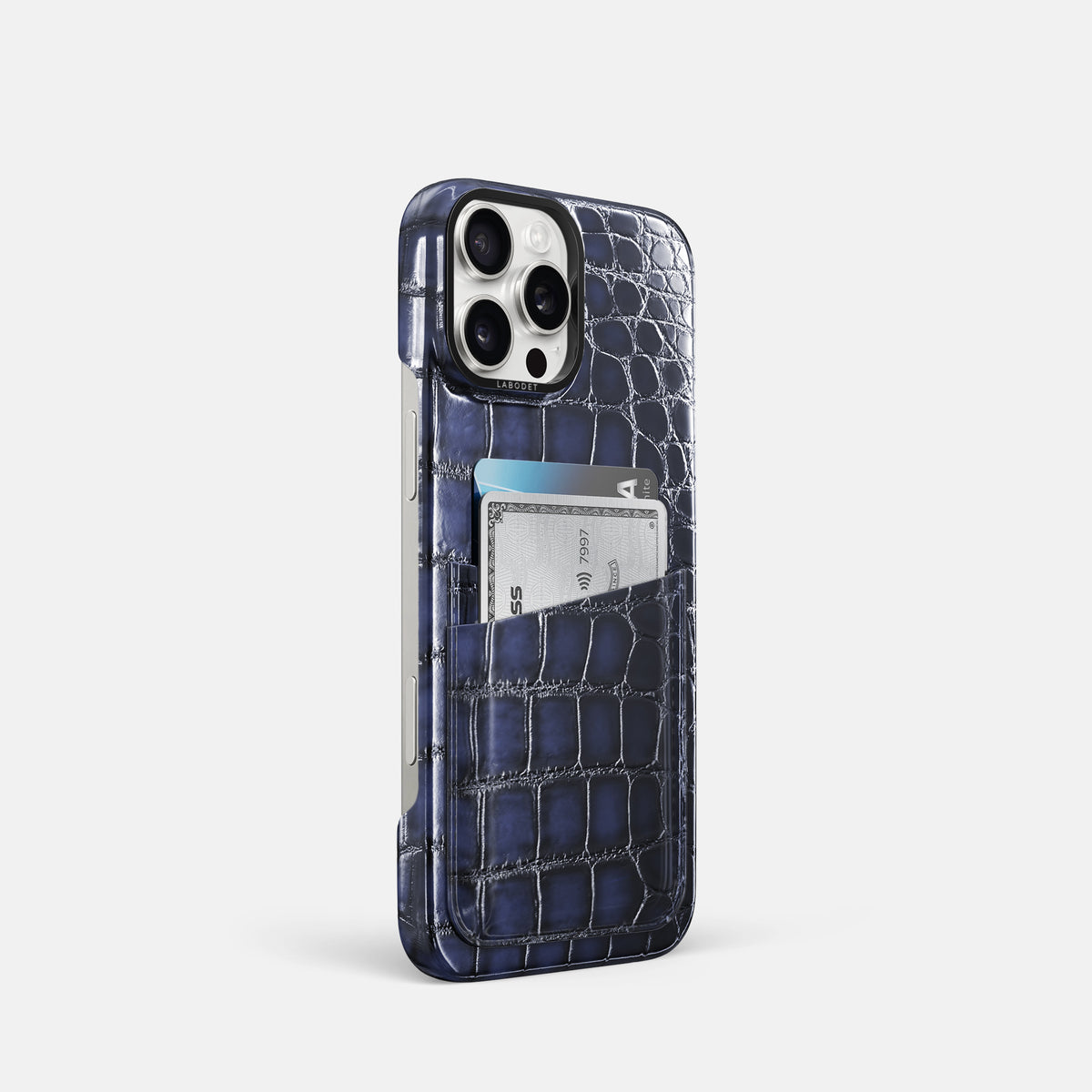 Havana-Blue iPhone 16 Pro Double Card Case Patina Alligator with Black Metal -2 | Havana-Blue-Black