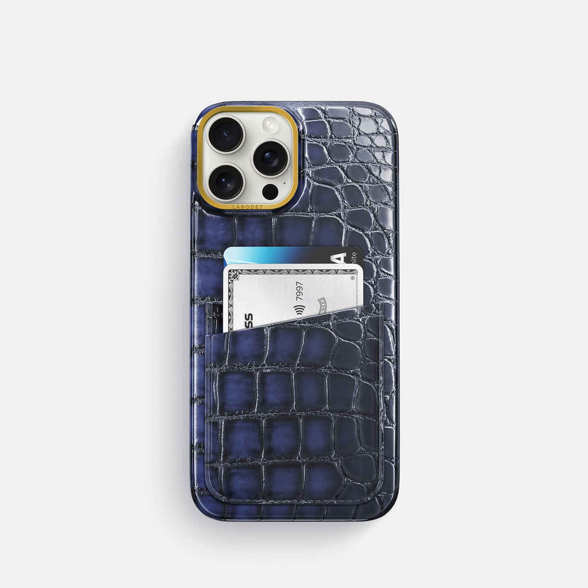 Havana-Blue iPhone 16 Pro Card Case Patina Alligator with Gold Metal -1 | Havana-Blue-Gold